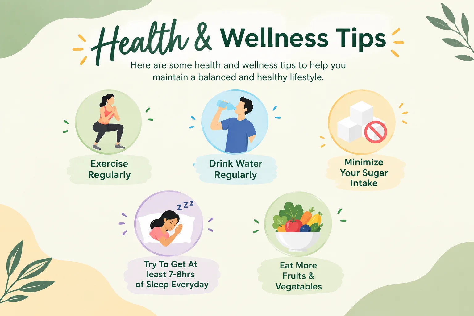 Health and wellness tips for exercise, water, sleep, and balanced eating